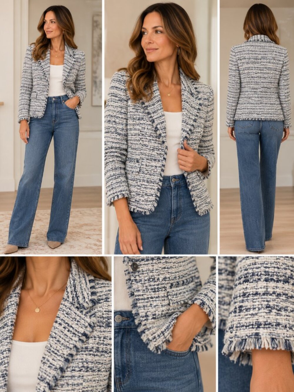 Ann Taylor Tweed Bouclé Blazer in White and Blue